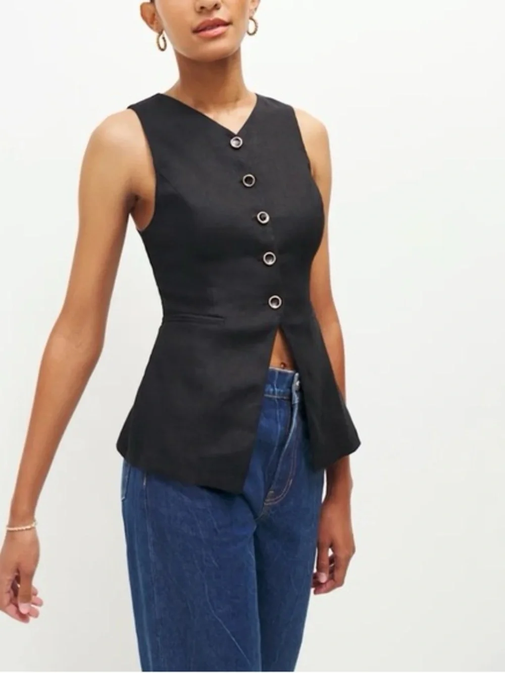 Reformation Aspen Linen Sleeveless Black Button-Front Vest